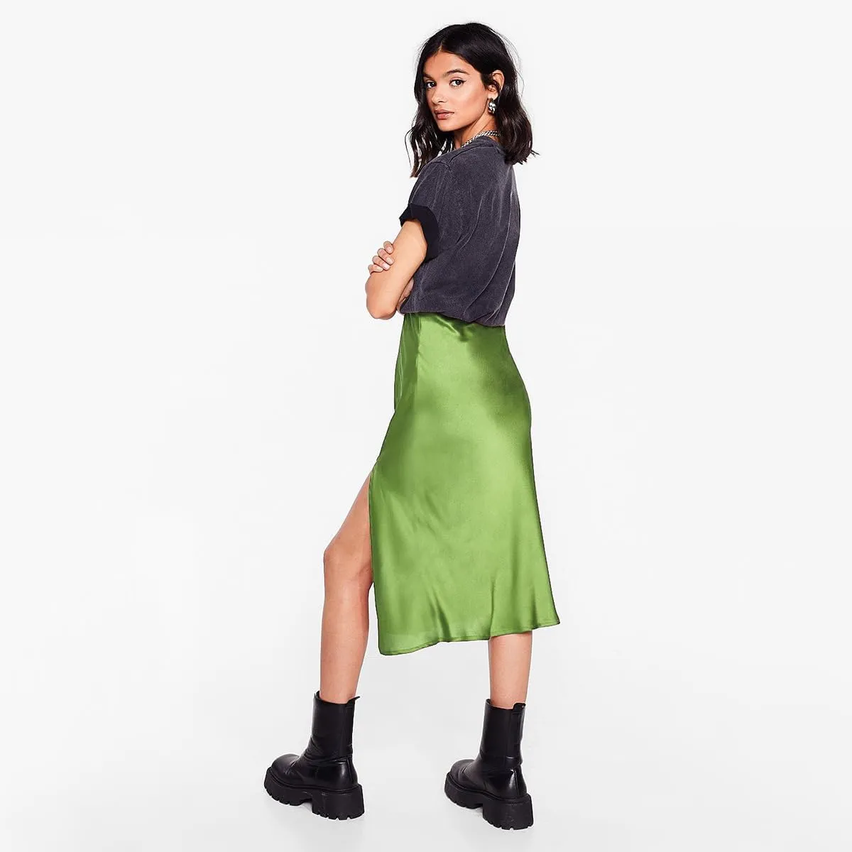 Midi Satin Skirts for Women with Slit Silk Skirts for Women High Waist Silky Side Split Party Flared Casual A Line Midi Skirt