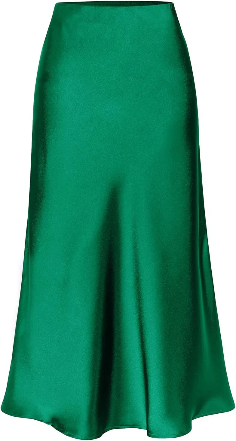 Midi Satin Skirts for Women with Slit Silk Skirts for Women High Waist Silky Side Split Party Flared Casual A Line Midi Skirt