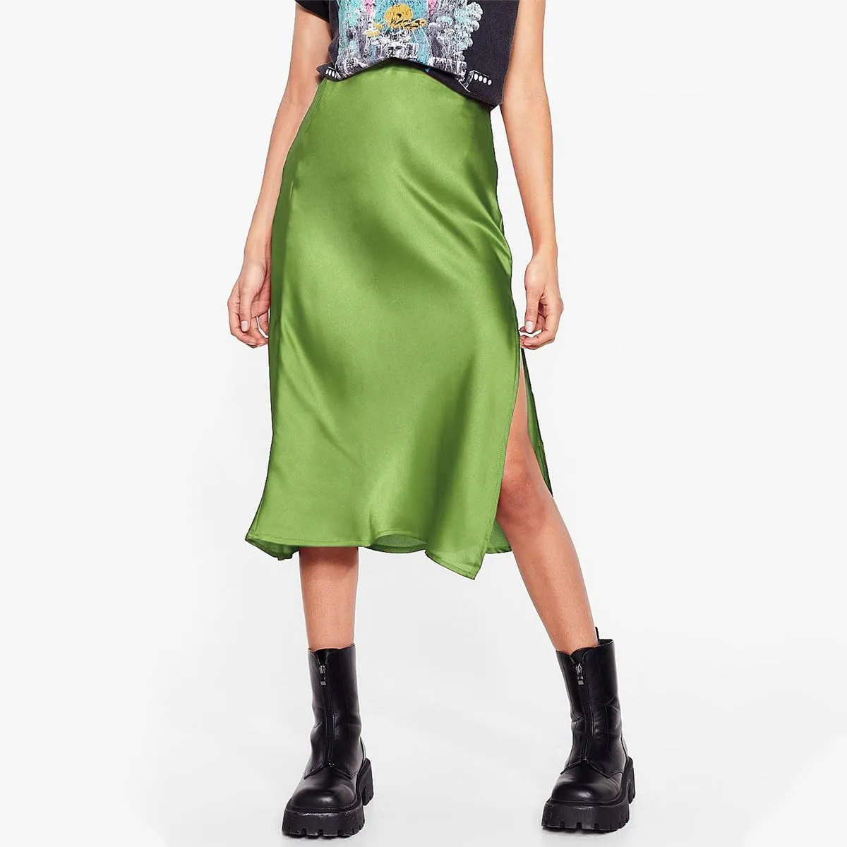 Midi Satin Skirts for Women with Slit Silk Skirts for Women High Waist Silky Side Split Party Flared Casual A Line Midi Skirt
