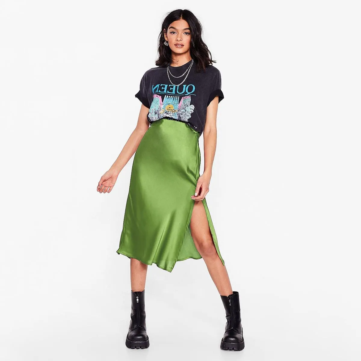 Midi Satin Skirts for Women with Slit Silk Skirts for Women High Waist Silky Side Split Party Flared Casual A Line Midi Skirt