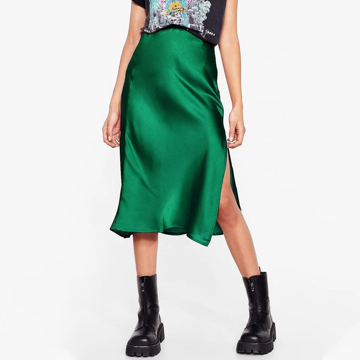 Midi Satin Skirts for Women with Slit Silk Skirts for Women High Waist Silky Side Split Party Flared Casual A Line Midi Skirt