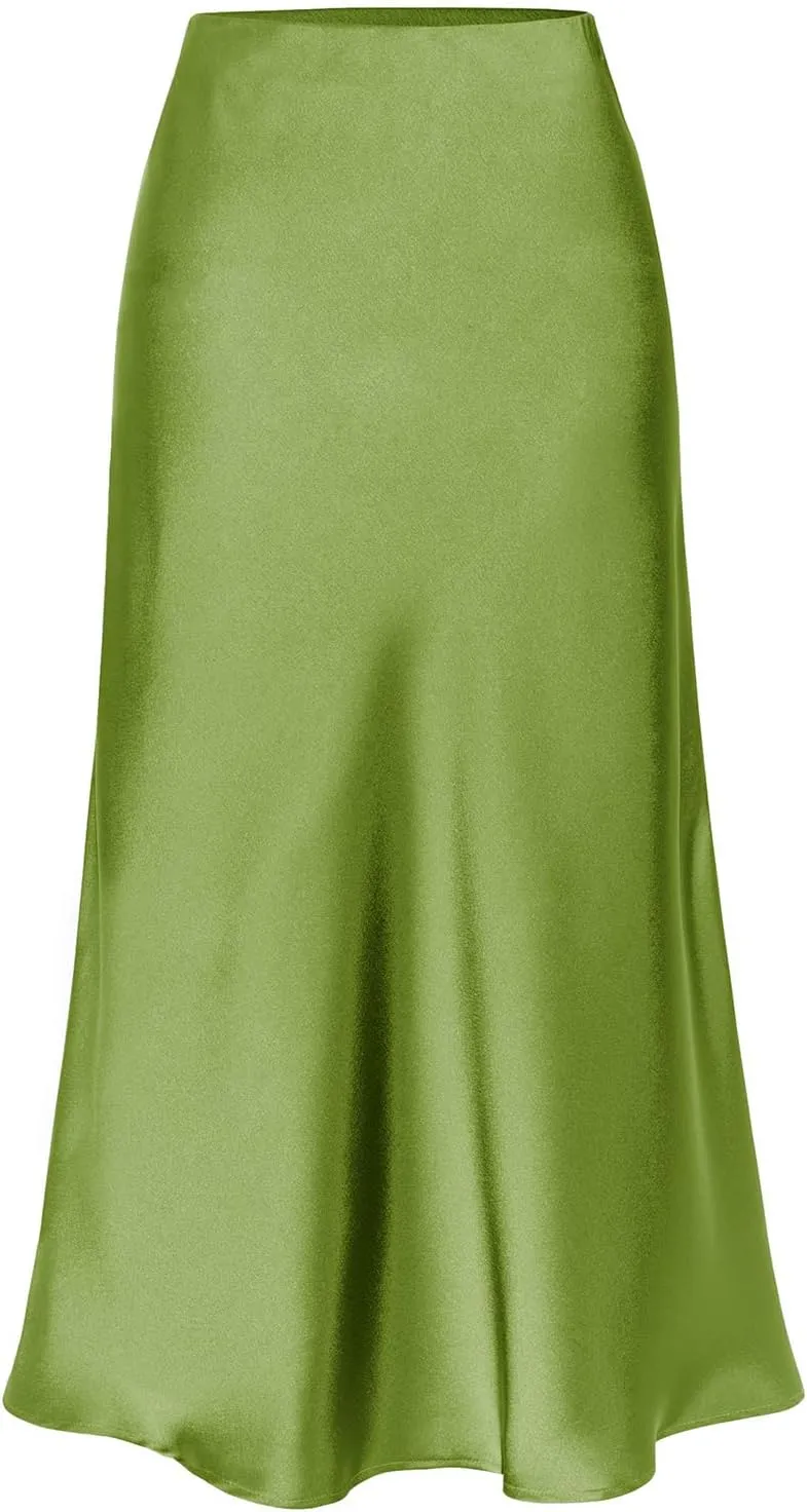 Midi Satin Skirts for Women with Slit Silk Skirts for Women High Waist Silky Side Split Party Flared Casual A Line Midi Skirt