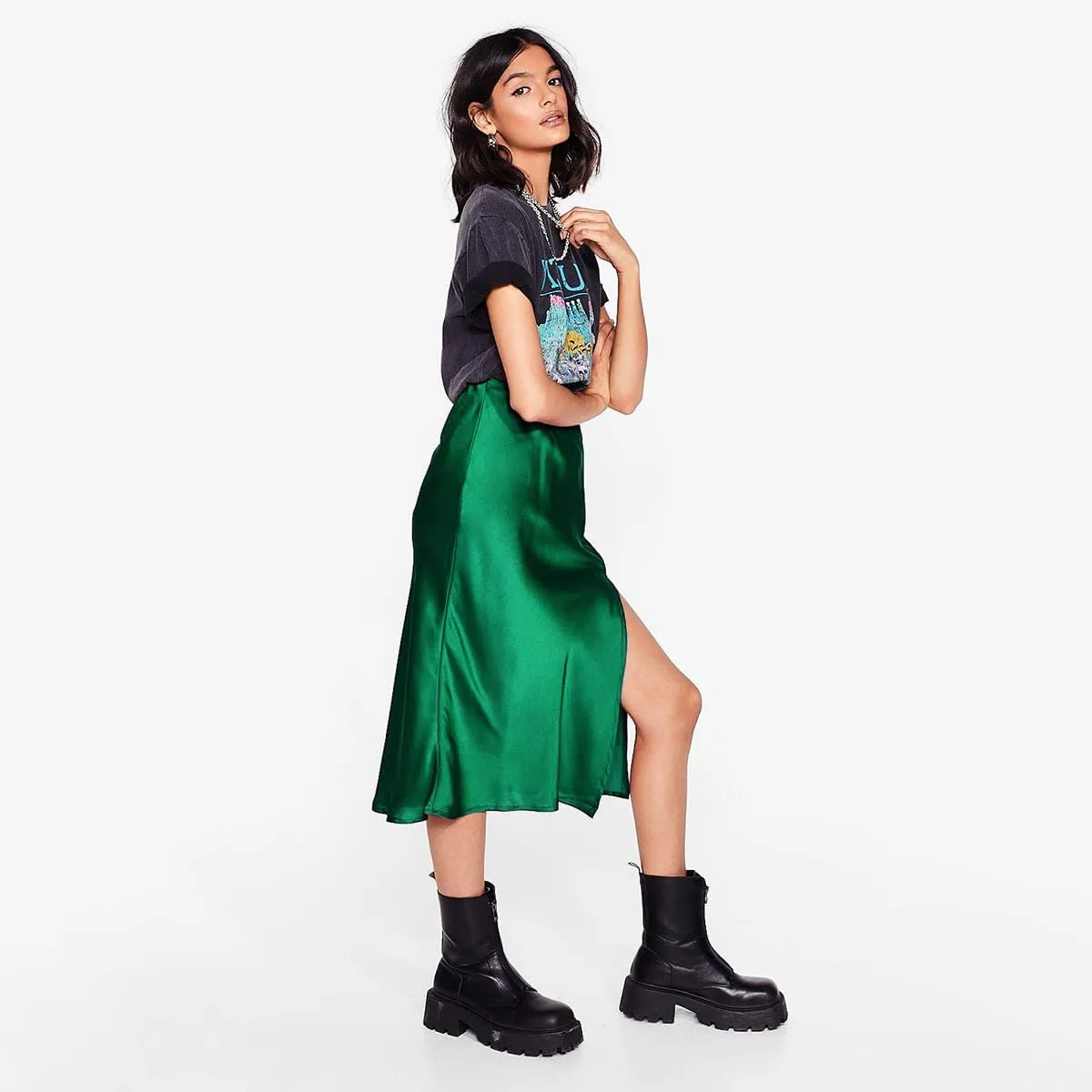 Midi Satin Skirts for Women with Slit Silk Skirts for Women High Waist Silky Side Split Party Flared Casual A Line Midi Skirt