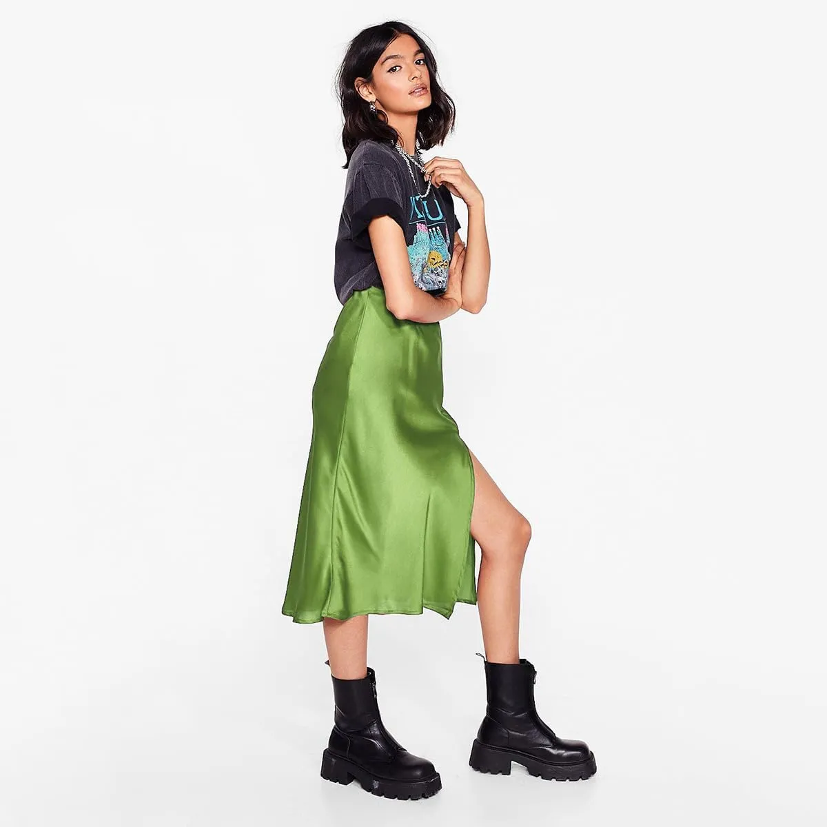 Midi Satin Skirts for Women with Slit Silk Skirts for Women High Waist Silky Side Split Party Flared Casual A Line Midi Skirt