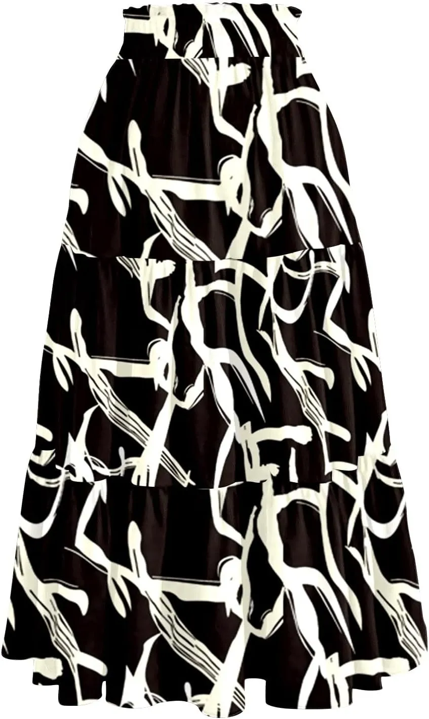Midi Skirts for Women 2025 High Elastic Waisted Boho Floral Skirts Tiered Ruffle Skirt Flowy A Line Skorts with Pockets
