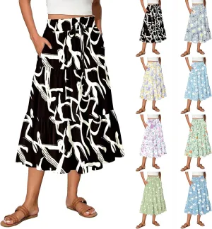 Midi Skirts for Women 2025 High Elastic Waisted Boho Floral Skirts Tiered Ruffle Skirt Flowy A Line Skorts with Pockets