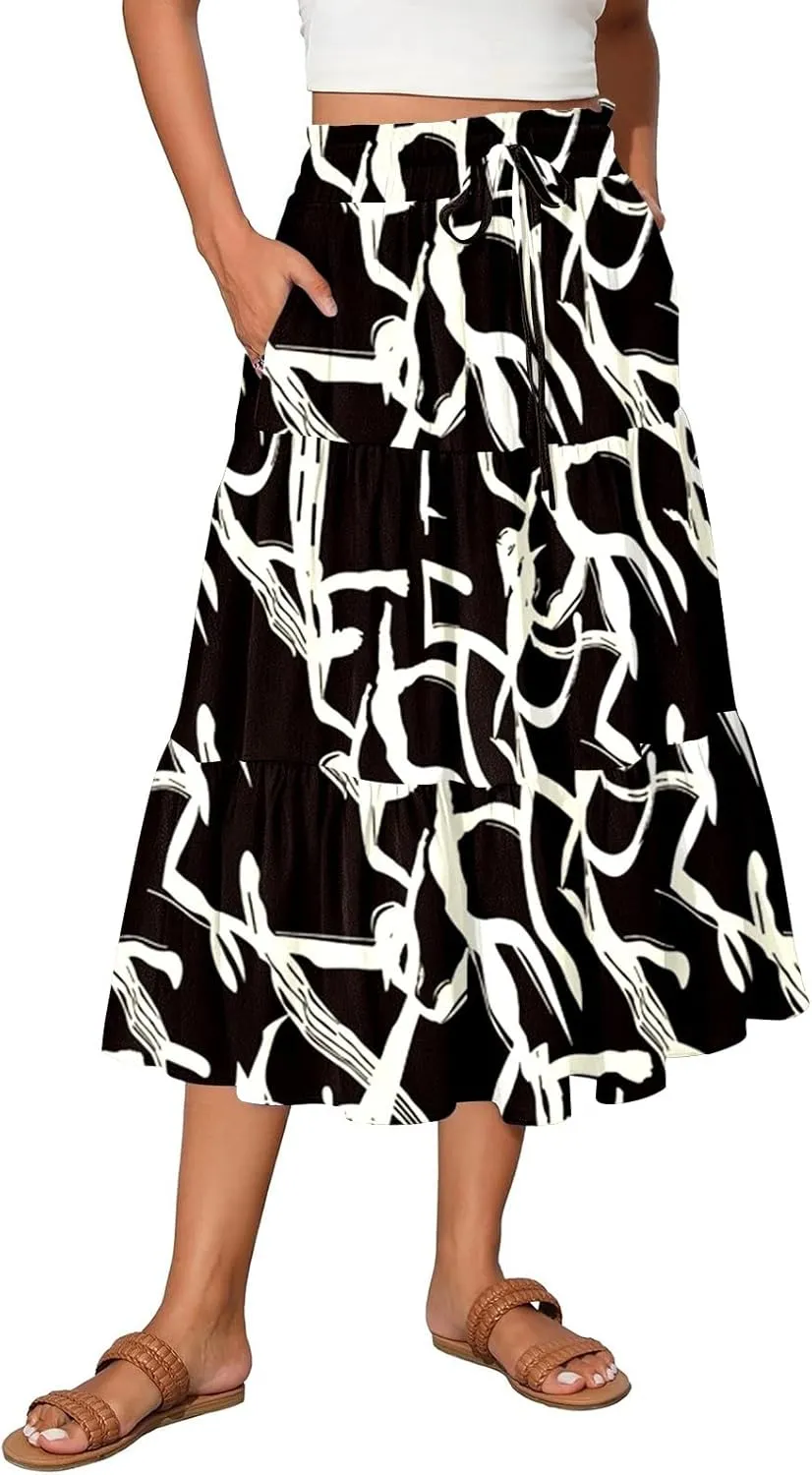 Midi Skirts for Women 2025 High Elastic Waisted Boho Floral Skirts Tiered Ruffle Skirt Flowy A Line Skorts with Pockets