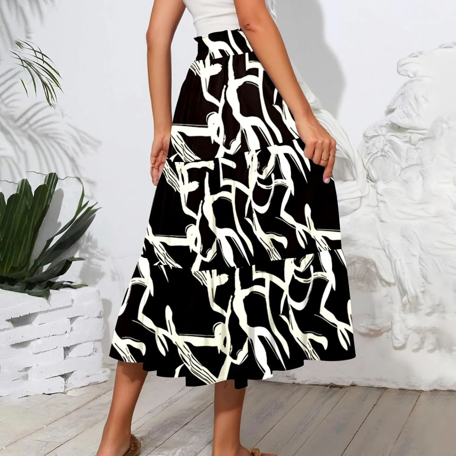Midi Skirts for Women 2025 High Elastic Waisted Boho Floral Skirts Tiered Ruffle Skirt Flowy A Line Skorts with Pockets