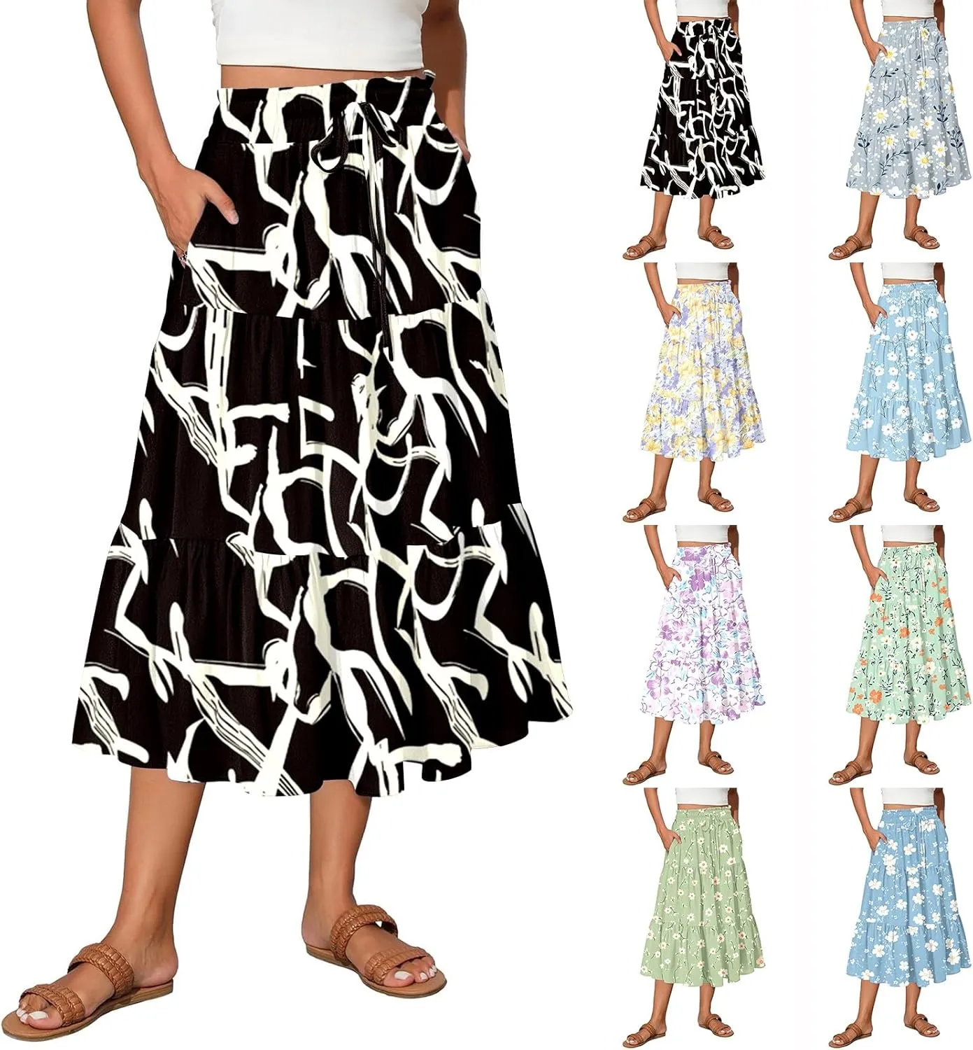 Midi Skirts for Women 2025 High Elastic Waisted Boho Floral Skirts Tiered Ruffle Skirt Flowy A Line Skorts with Pockets