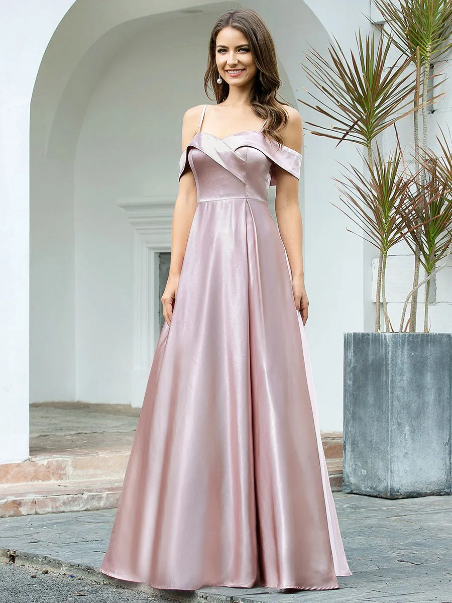 Off Shoulder A-Line Box Pleat Long Wholesale Bridesmaid Dress with Straps EP00505