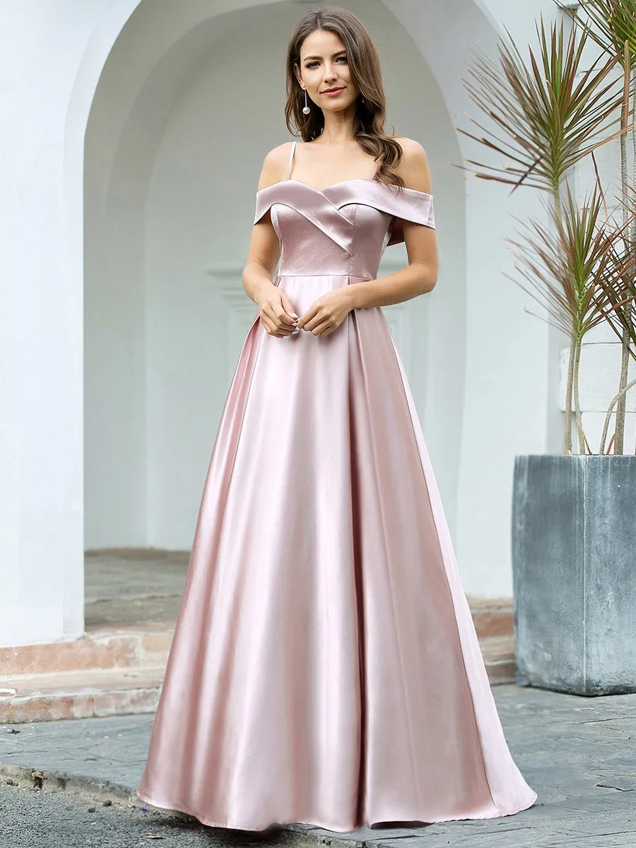 Off Shoulder A-Line Box Pleat Long Wholesale Bridesmaid Dress with Straps EP00505