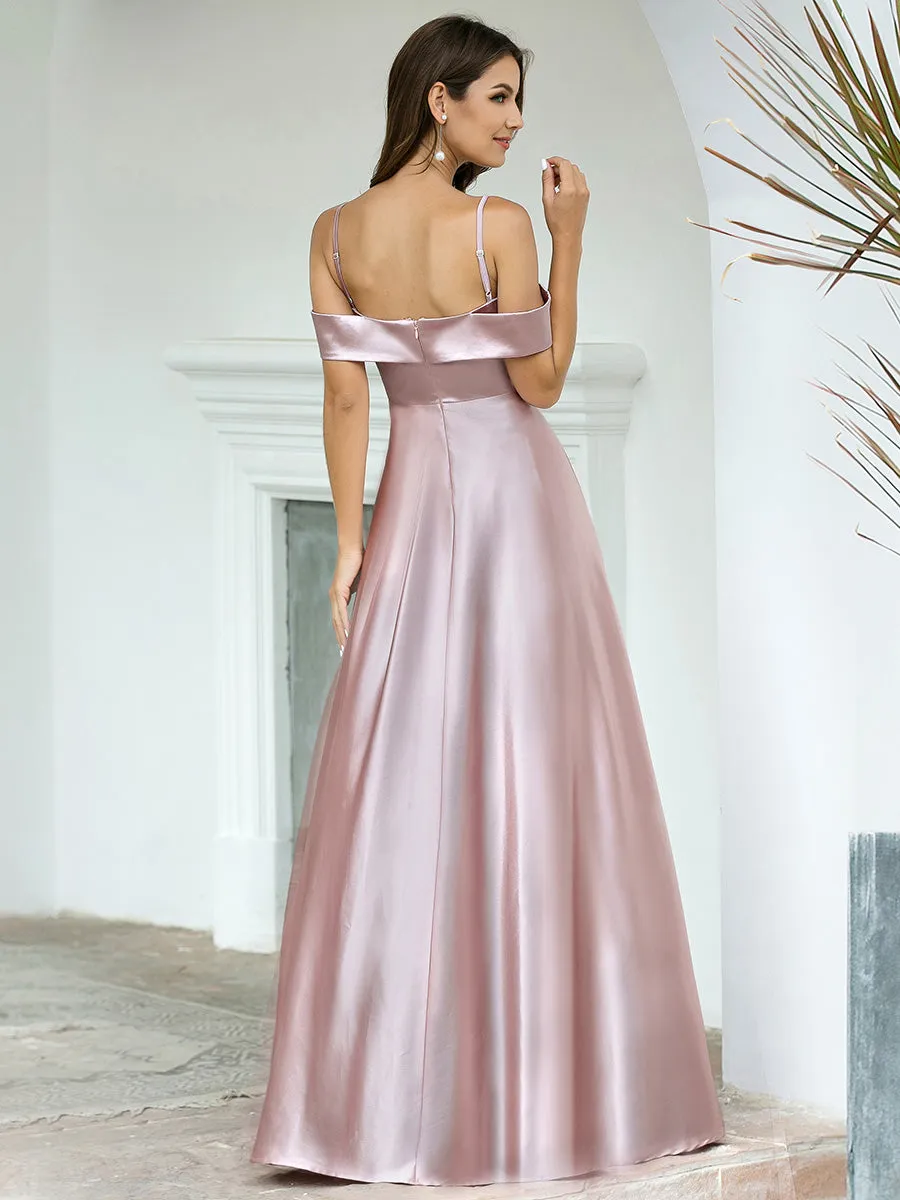 Off Shoulder A-Line Box Pleat Long Wholesale Bridesmaid Dress with Straps EP00505
