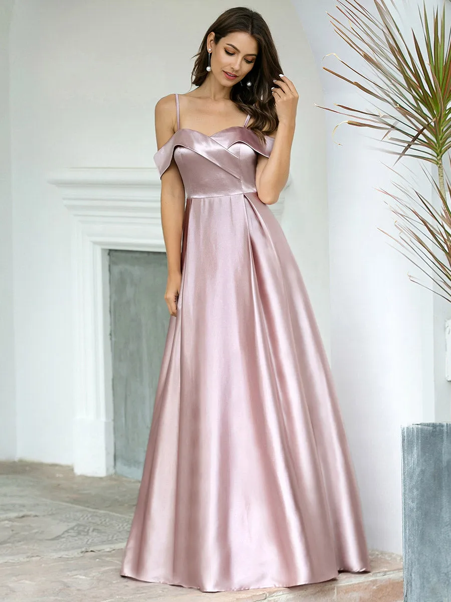 Off Shoulder A-Line Box Pleat Long Wholesale Bridesmaid Dress with Straps EP00505