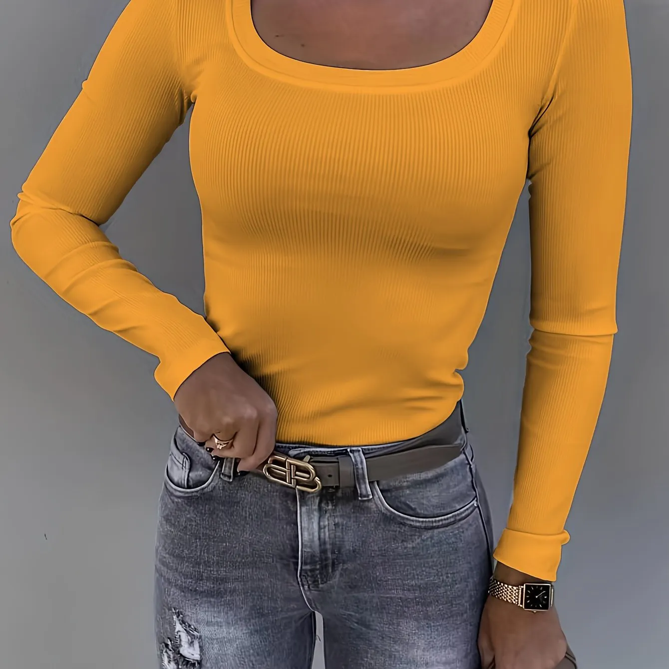 Purpdrank Womens Soft Ribbed Square Neck T-Shirt - Trendy Long Sleeves for Spring & Fall - Versatile Casual Wear