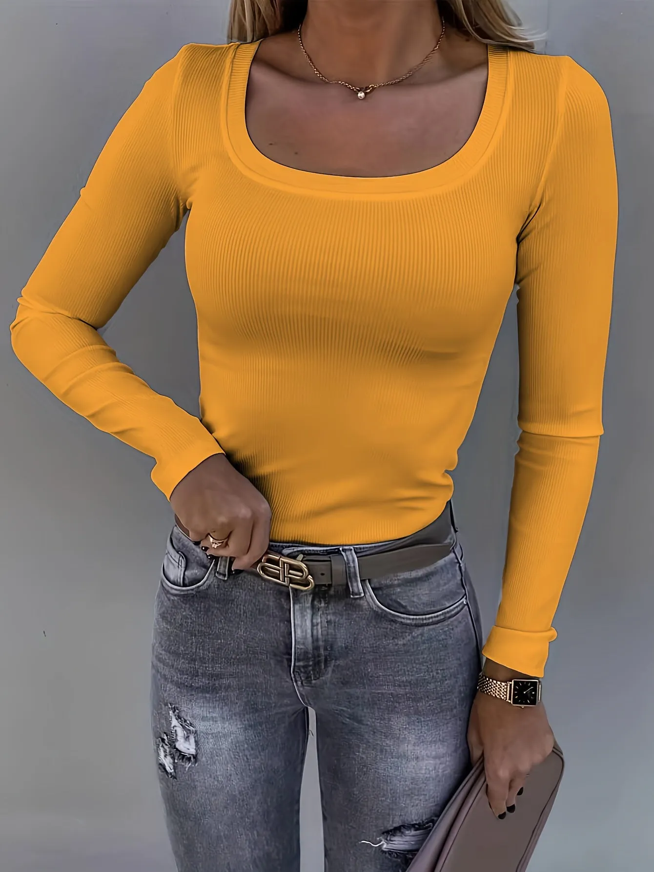 Purpdrank Womens Soft Ribbed Square Neck T-Shirt - Trendy Long Sleeves for Spring & Fall - Versatile Casual Wear