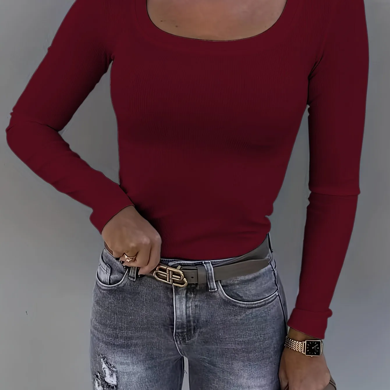 Purpdrank Womens Soft Ribbed Square Neck T-Shirt - Trendy Long Sleeves for Spring & Fall - Versatile Casual Wear