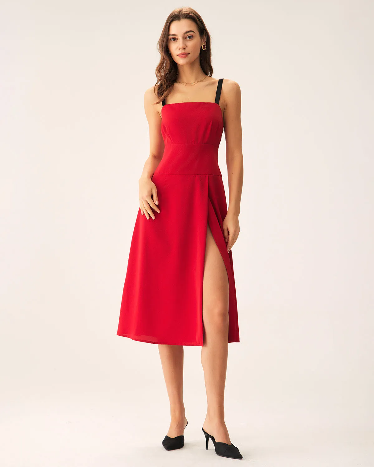Red Contrast Slit Slip Midi Dress
