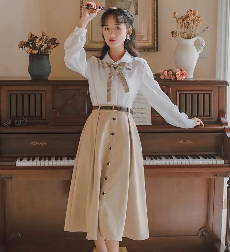Retro Style A-Line Pleated Skirt With Belt