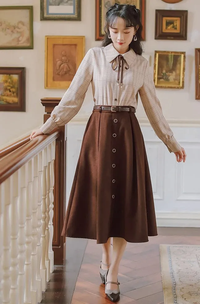 Retro Style A-Line Pleated Skirt With Belt