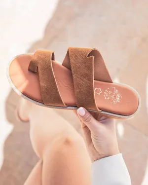 Sandale femme en cuir plate camel - MJNP204