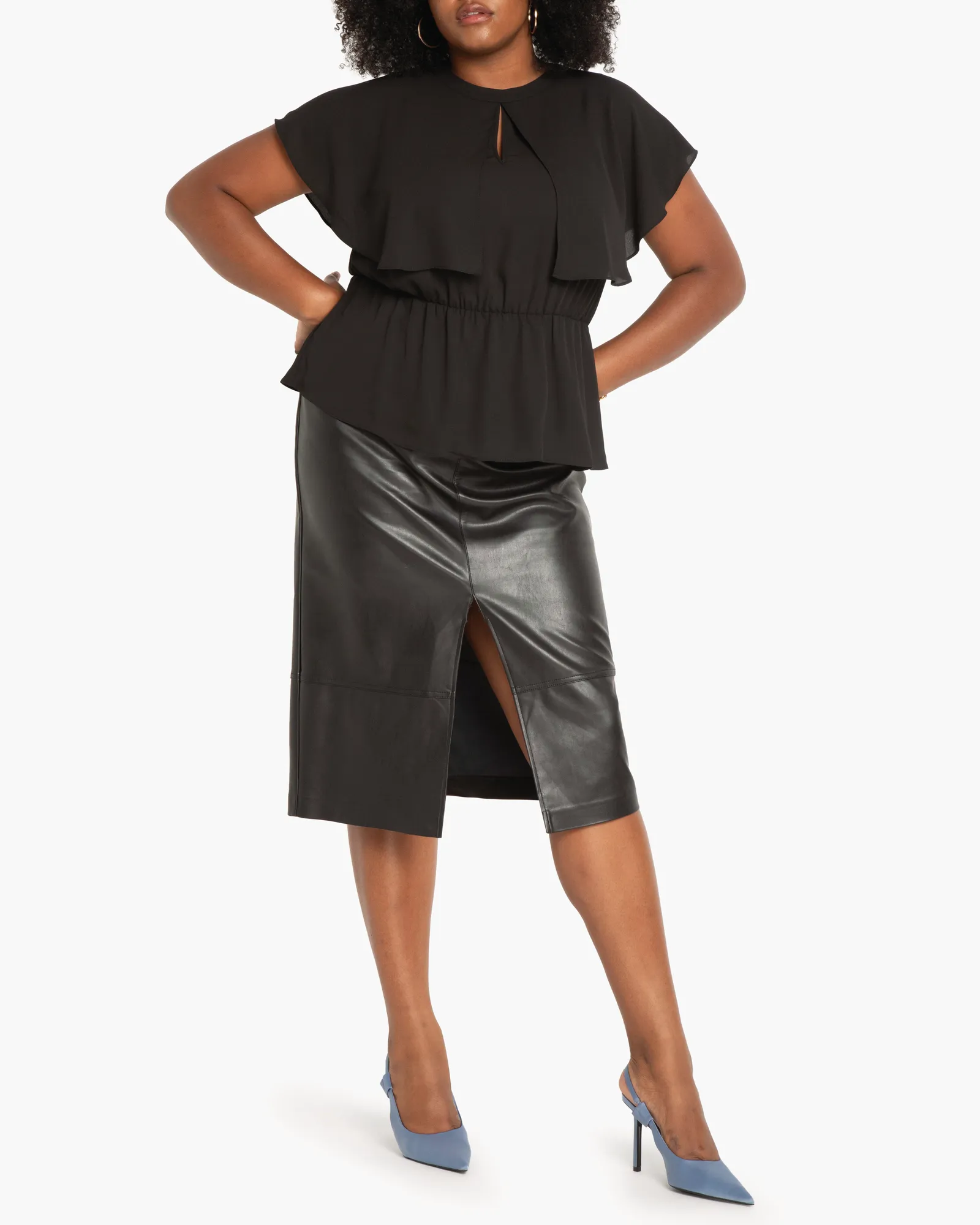 Sara Peplum Cape-Sleeve Blouse | Black