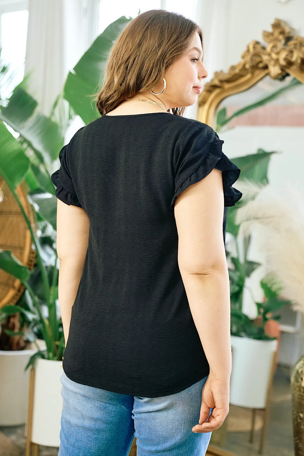 See It Clear Ruffle Slit Sleeve Top - Black