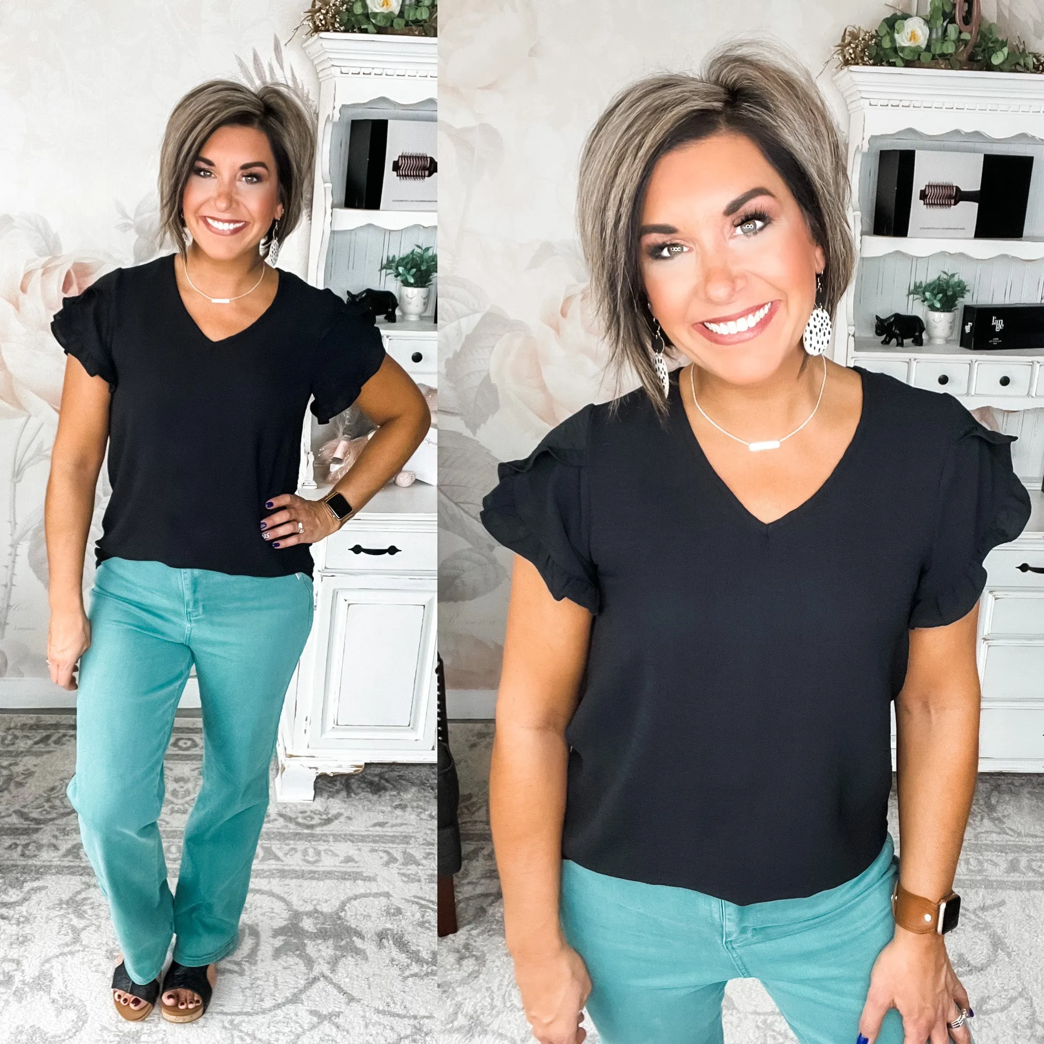See It Clear Ruffle Slit Sleeve Top - Black