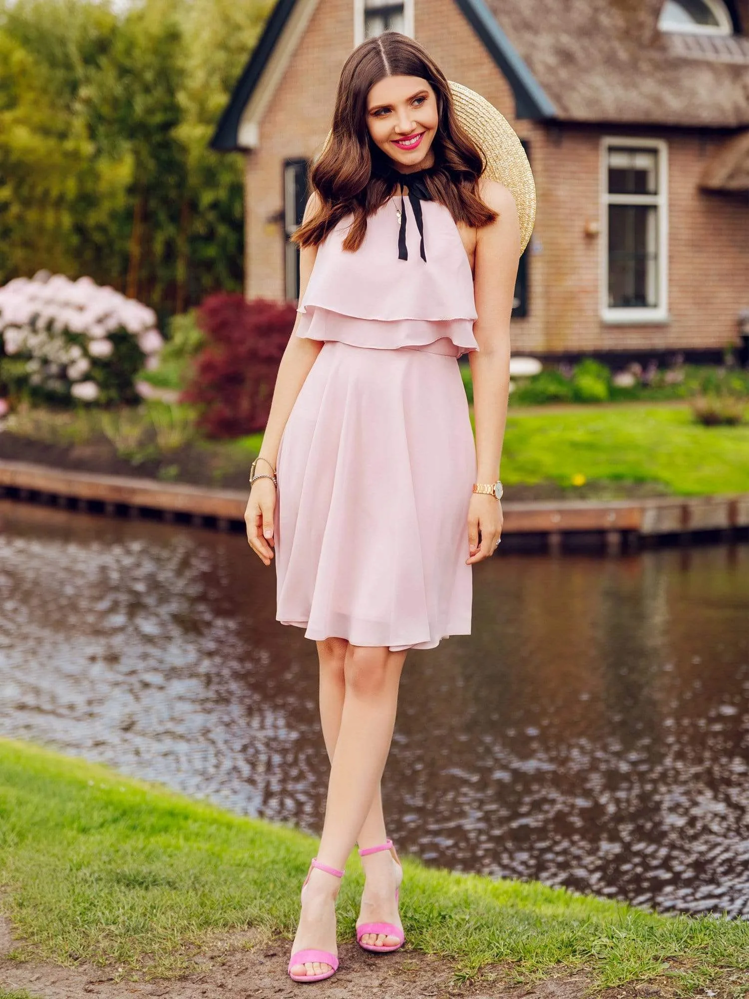Short Flowy Bridesmaid Dress with Halter Neckline