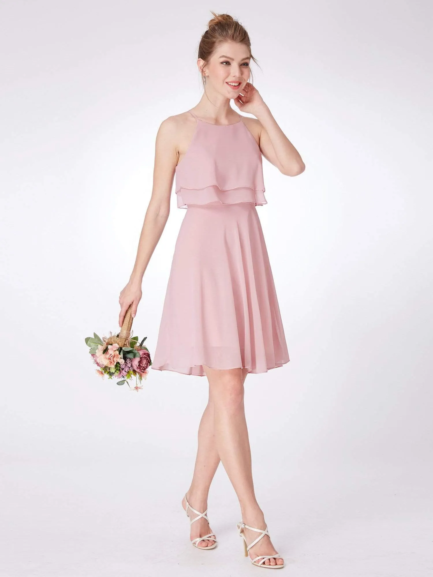 Short Flowy Bridesmaid Dress with Halter Neckline