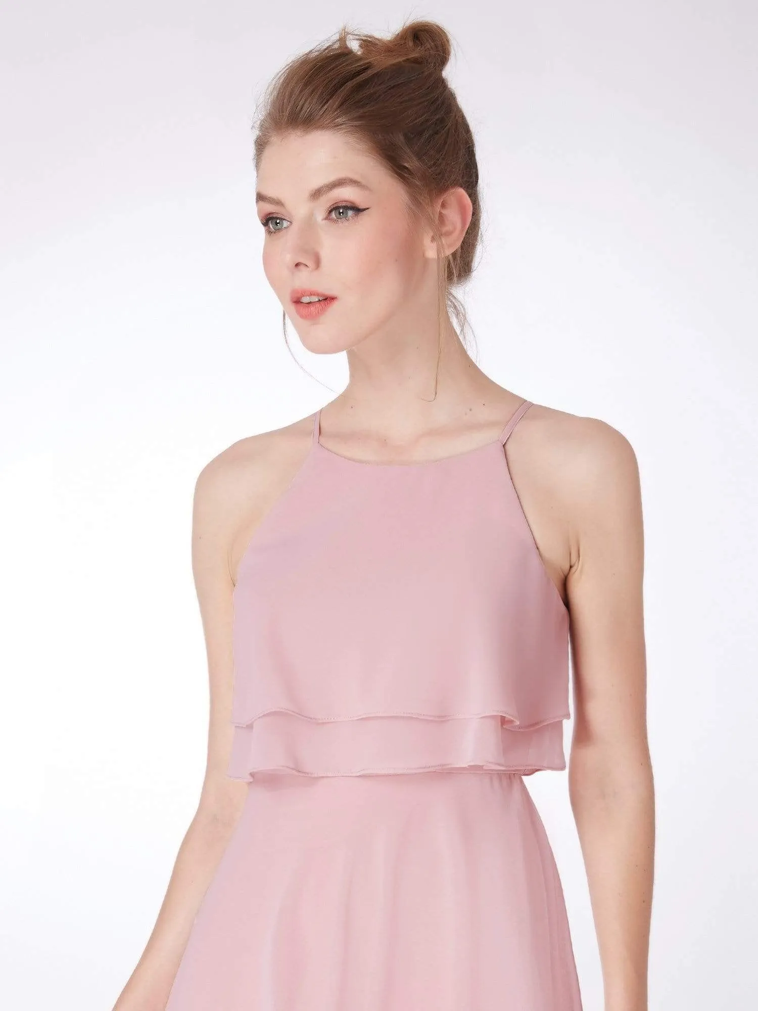 Short Flowy Bridesmaid Dress with Halter Neckline
