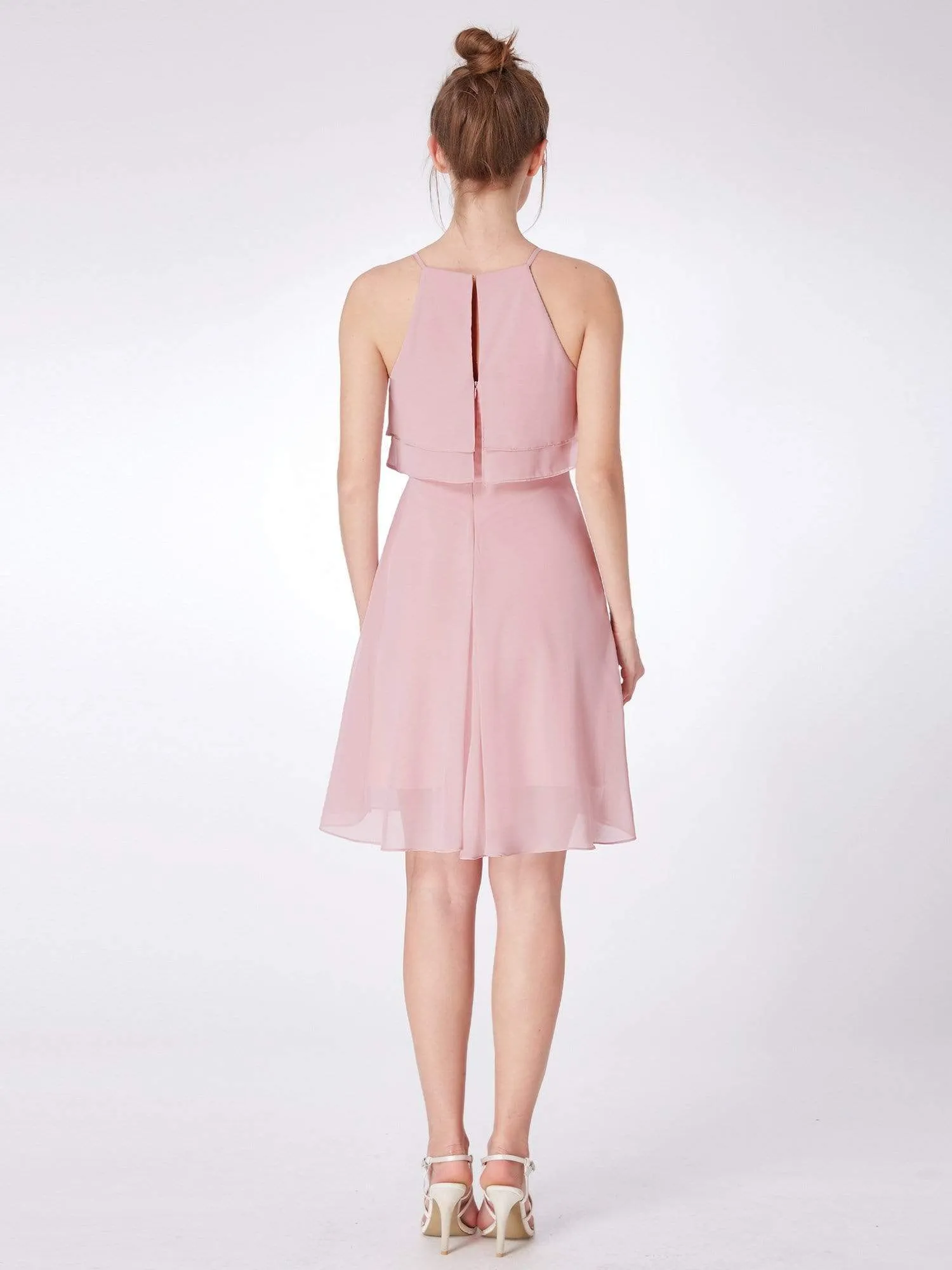 Short Flowy Bridesmaid Dress with Halter Neckline