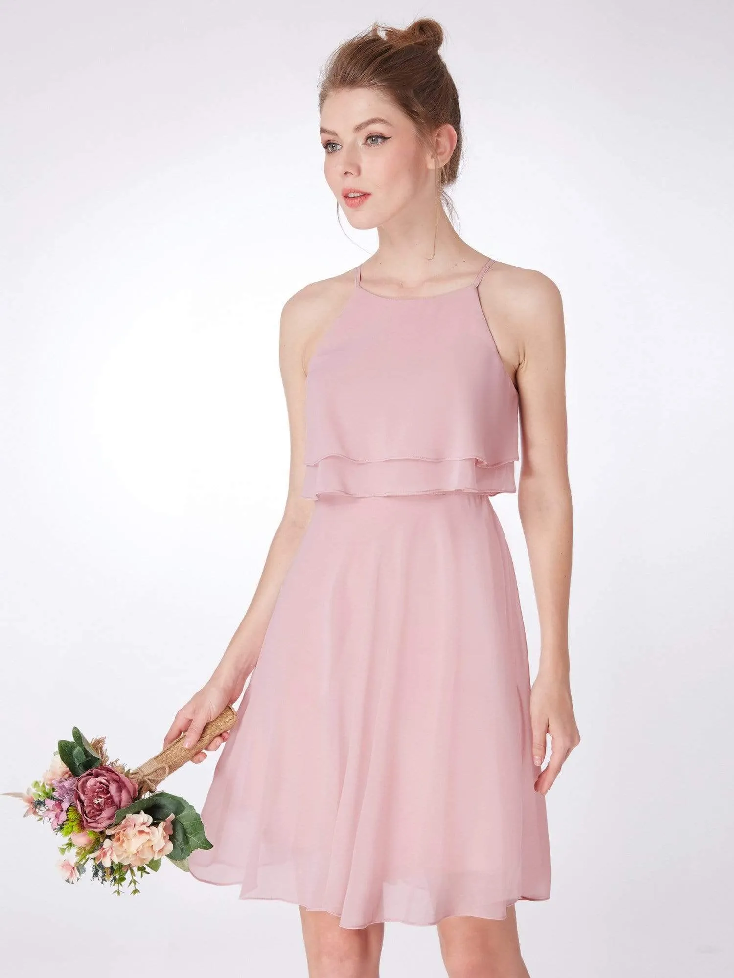 Short Flowy Bridesmaid Dress with Halter Neckline