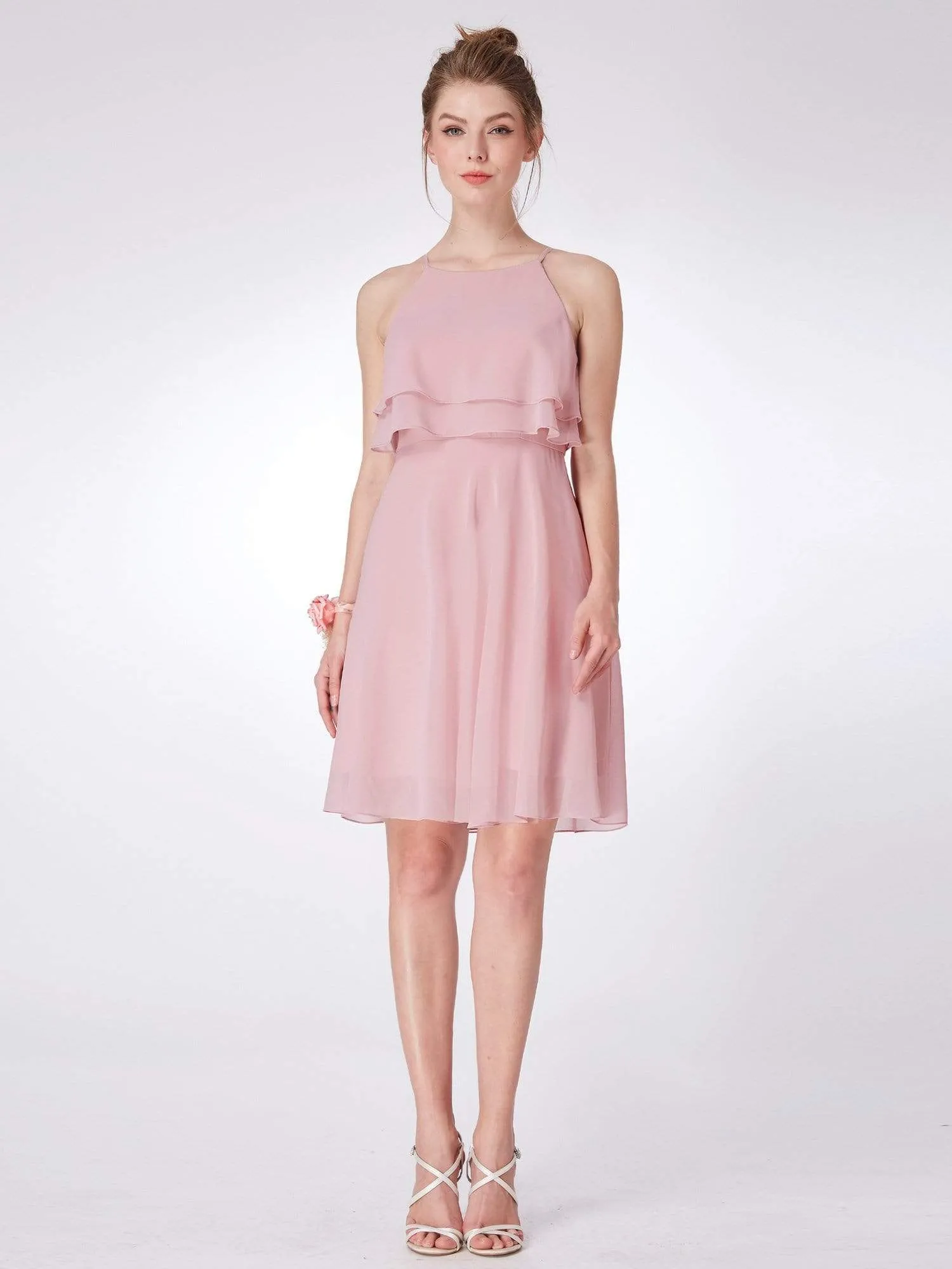 Short Flowy Bridesmaid Dress with Halter Neckline
