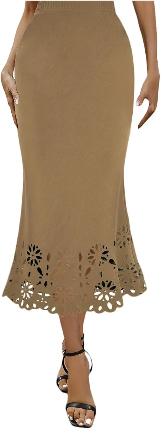 Skirts for Women Midi Length Elastic High Waist Hollow Lace Flower Fishtail Pencil Bodycon Going Out Long Skirt