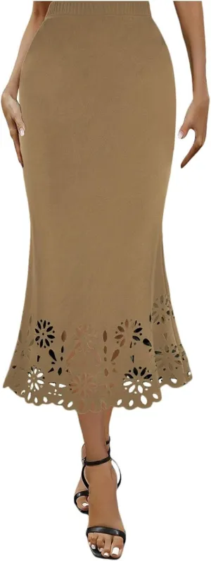 Skirts for Women Midi Length Elastic High Waist Hollow Lace Flower Fishtail Pencil Bodycon Going Out Long Skirt