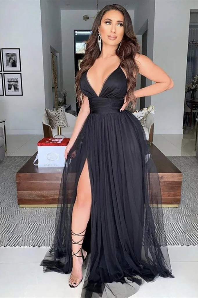 Sleek Midnight Black Tulle Prom Dress with Daring Leg Split and Ruffle