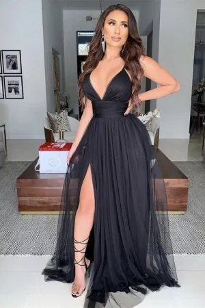 Sleek Midnight Black Tulle Prom Dress with Daring Leg Split and Ruffle