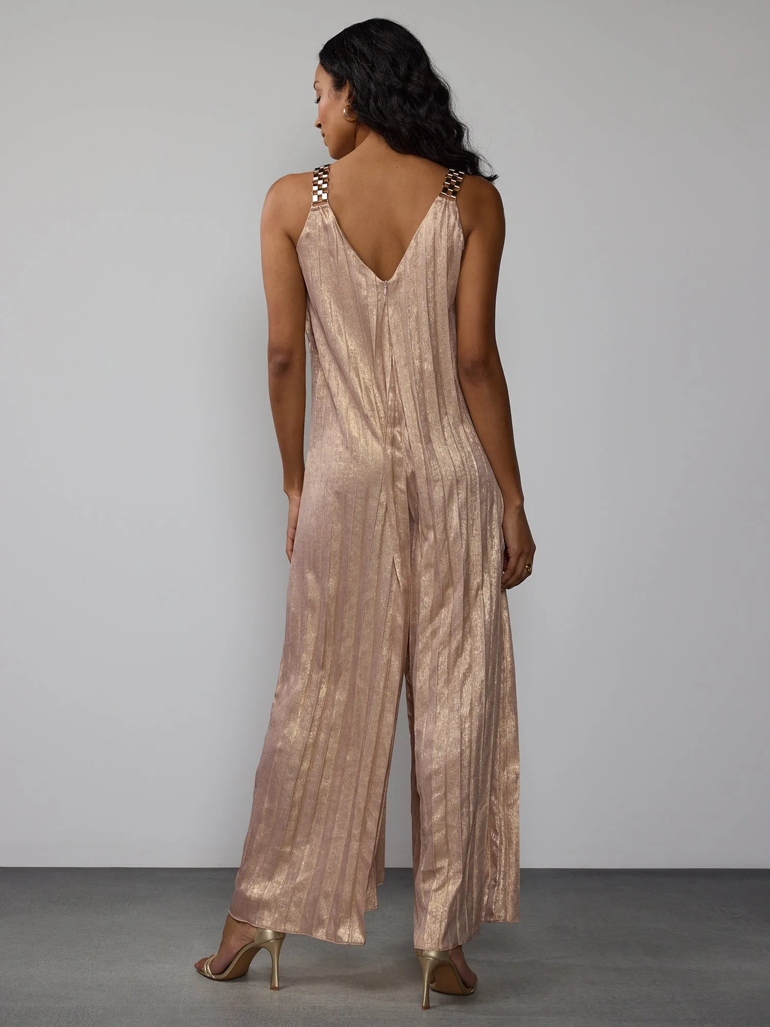 Sleeveless Metallic Pleated Plisse Jumpsuit