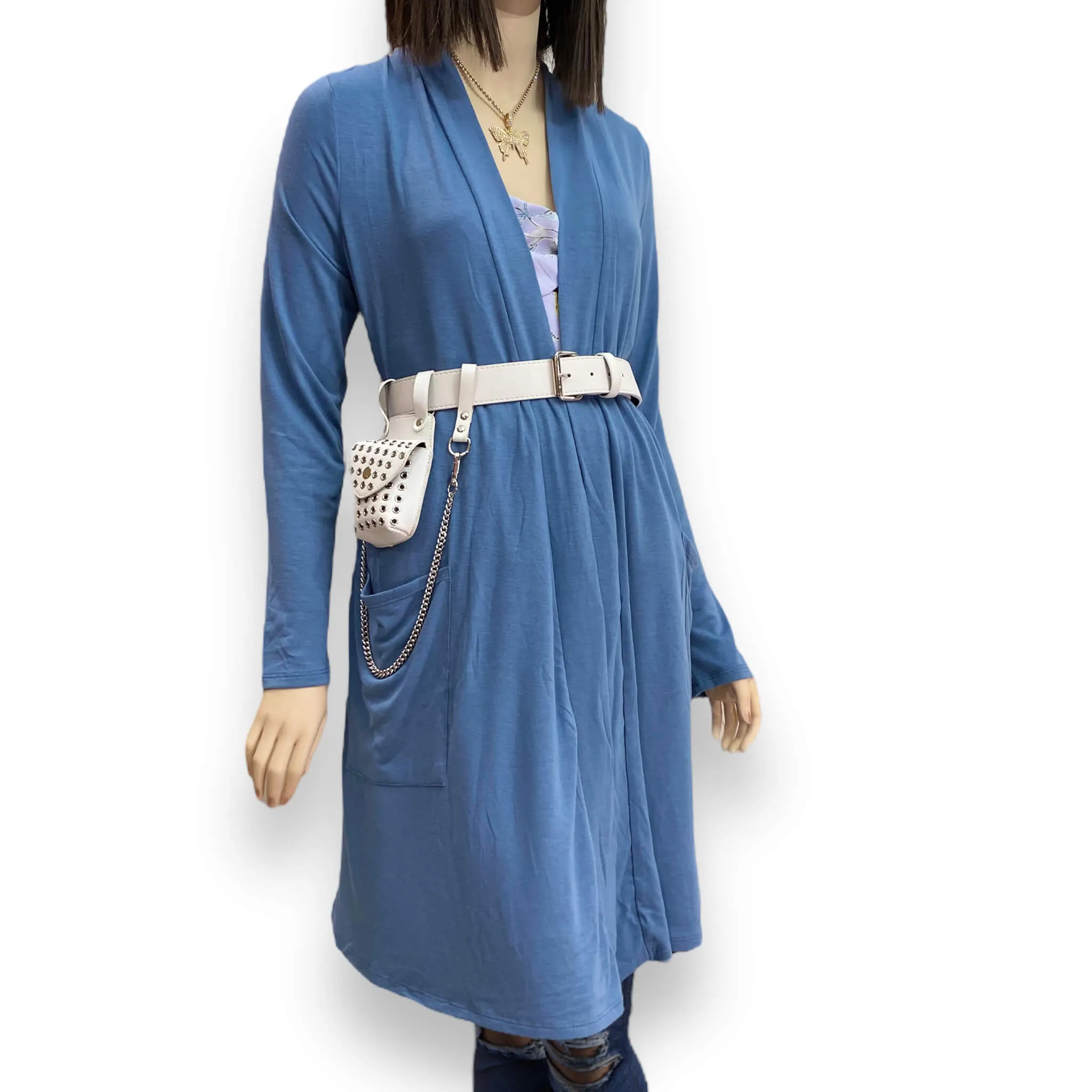 Stylish Blue Draped Cardigan Duster