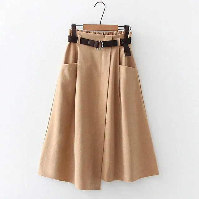 SURMIITRO Autumn Winter Women Korean Style Super Quality Black Female High Elastic Waist Midi Skirt With Belt WSKR904