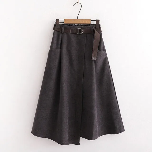 SURMIITRO Autumn Winter Women Korean Style Super Quality Black Female High Elastic Waist Midi Skirt With Belt WSKR904