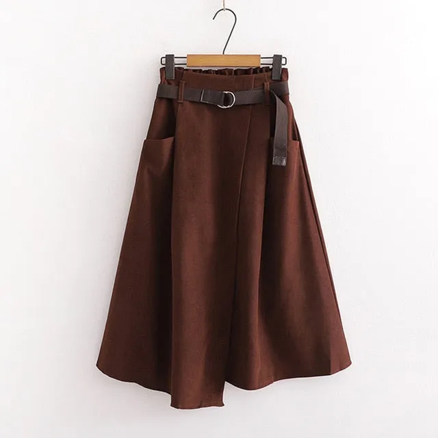 SURMIITRO Autumn Winter Women Korean Style Super Quality Black Female High Elastic Waist Midi Skirt With Belt WSKR904