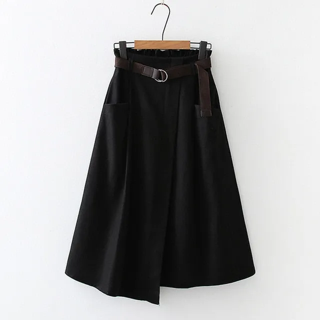 SURMIITRO Autumn Winter Women Korean Style Super Quality Black Female High Elastic Waist Midi Skirt With Belt WSKR904