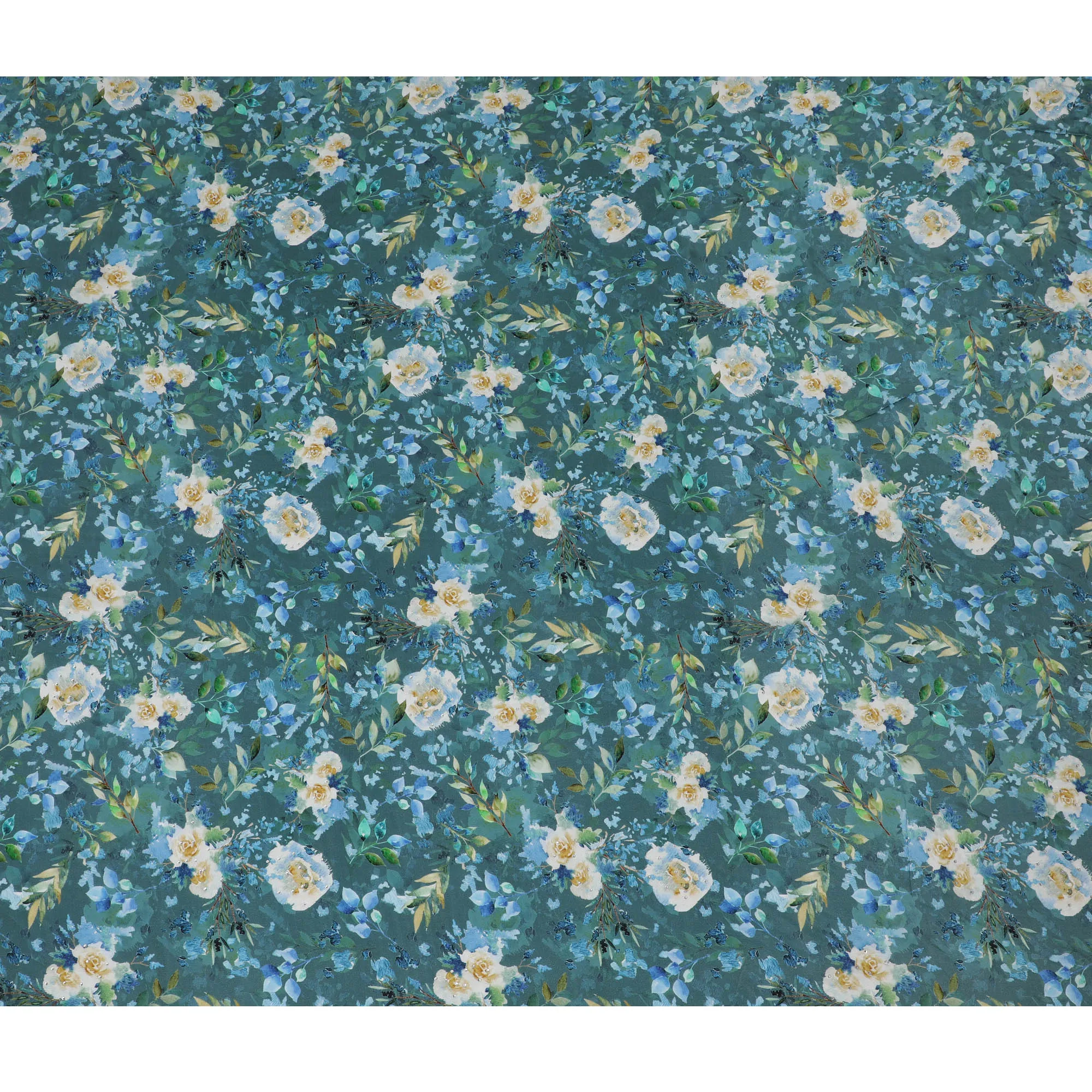 Teal Blue Crepe Fabric with Yellow and White Floral Print, Stone Embellishments, 110 cm Width - Imported from India-D20251