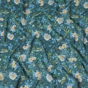 Teal Blue Crepe Fabric with Yellow and White Floral Print, Stone Embellishments, 110 cm Width - Imported from India-D20251