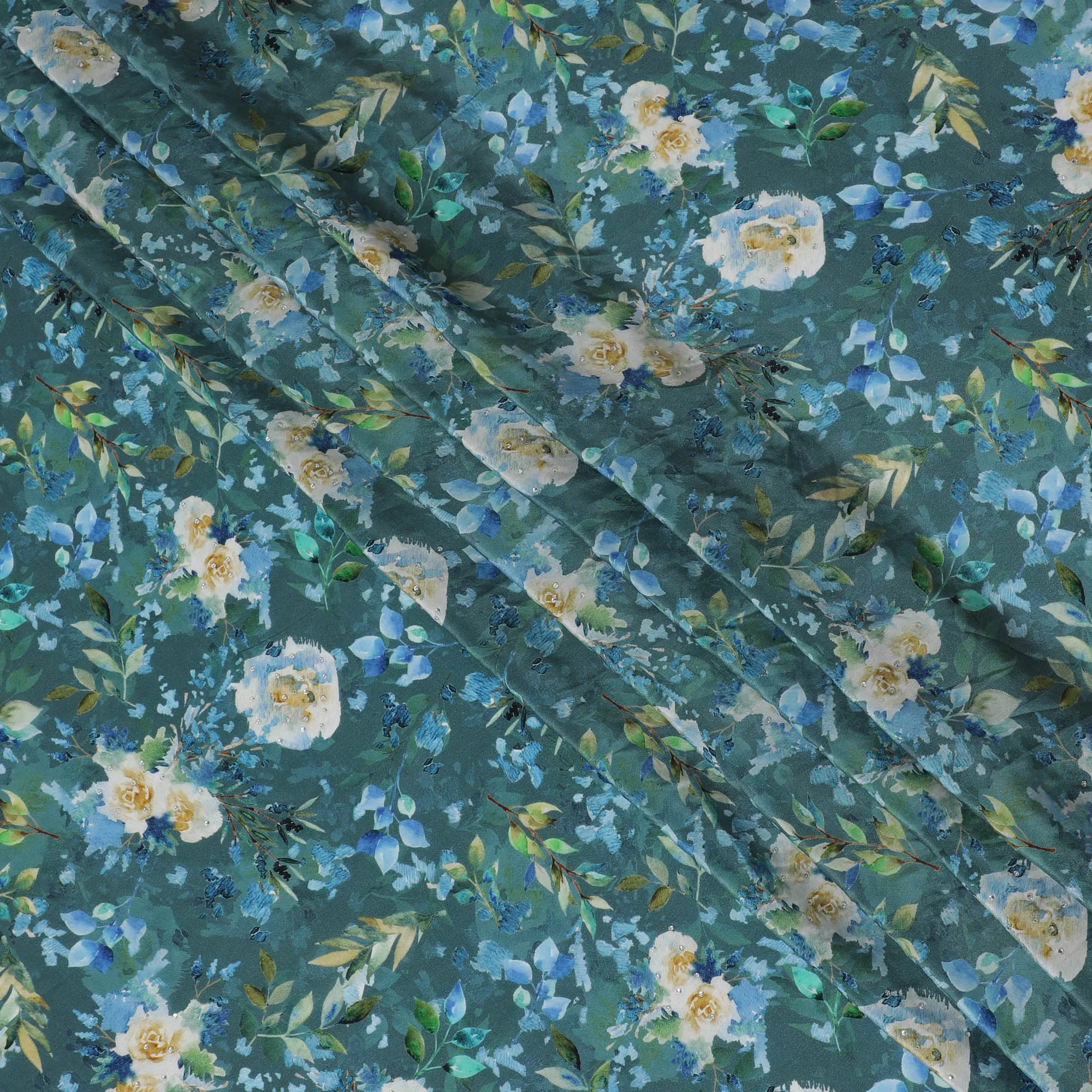 Teal Blue Crepe Fabric with Yellow and White Floral Print, Stone Embellishments, 110 cm Width - Imported from India-D20251