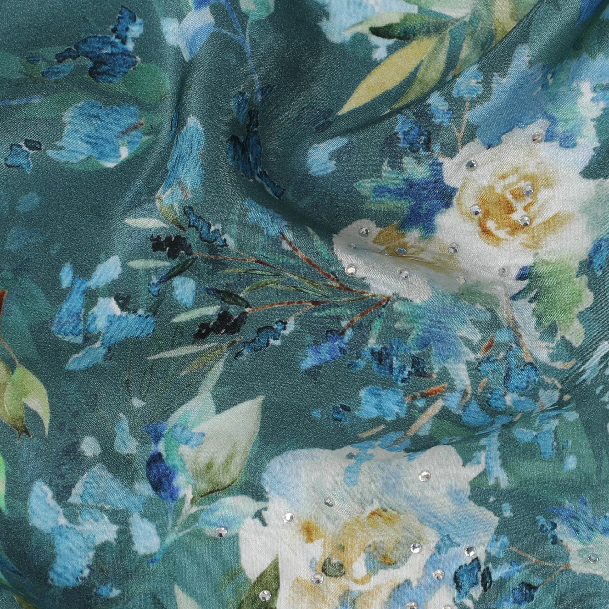 Teal Blue Crepe Fabric with Yellow and White Floral Print, Stone Embellishments, 110 cm Width - Imported from India-D20251