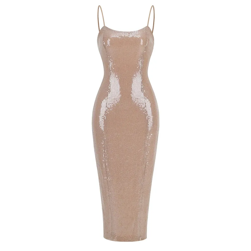 Trend4us Backless Sleek Sequin Midi Slip Dress