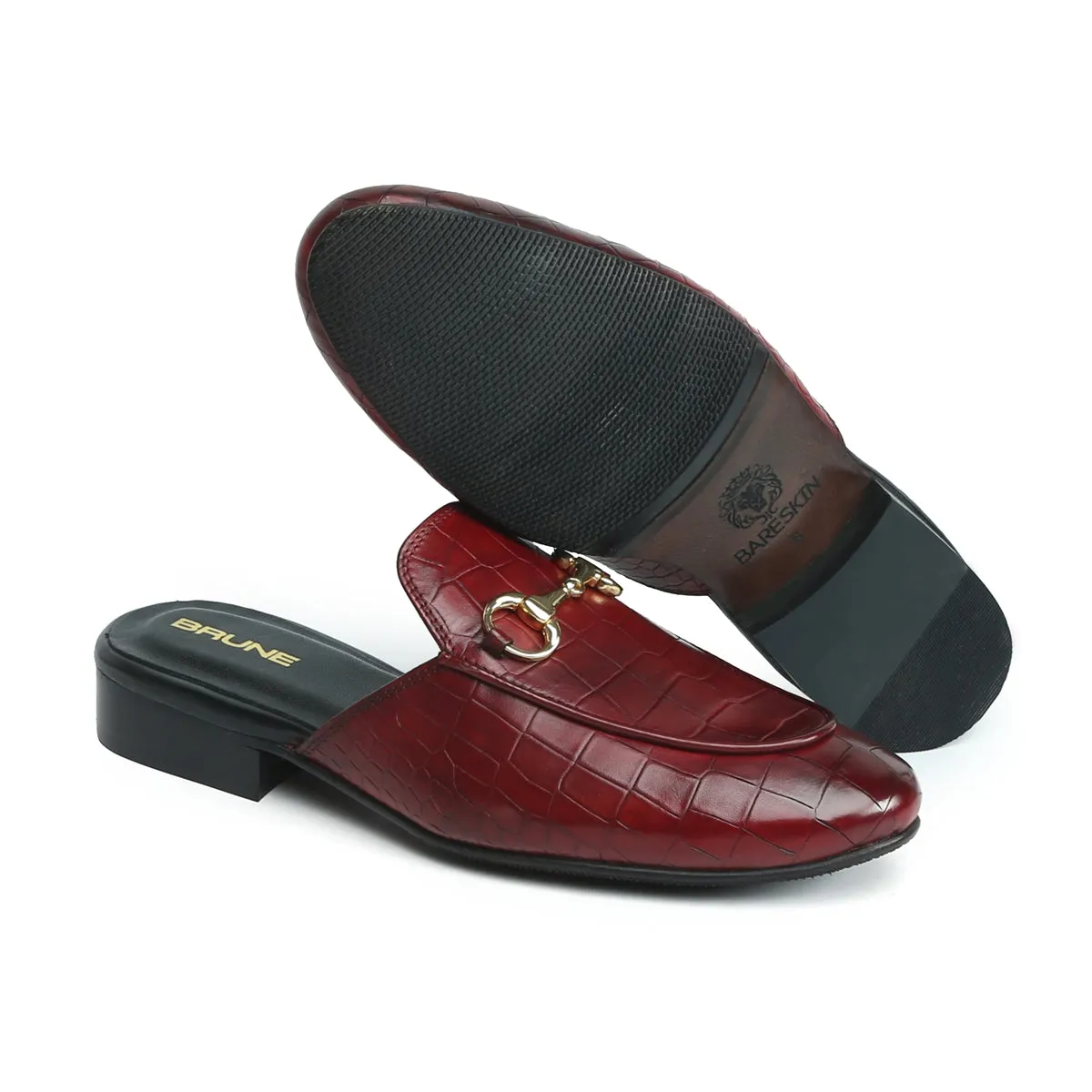 Wine Horse-bit Detailing Mules in Deep Cut Croco Textured Leather