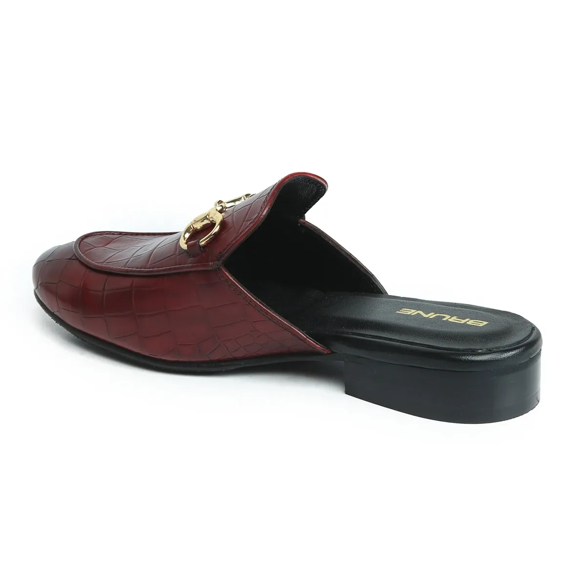 Wine Horse-bit Detailing Mules in Deep Cut Croco Textured Leather
